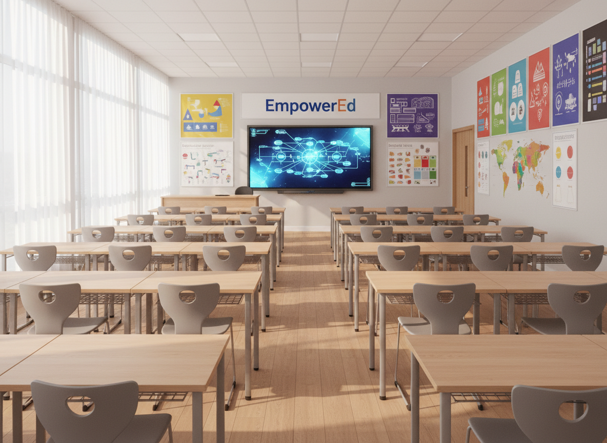 A sunlit, modern classroom without any people, featuring neatly arranged light maple desks and ergonomic gray chairs facing a large interactive digital whiteboard. Colorful educational posters and a prominent "EmpowerEd" banner decorate the walls in a clean, organized grid. Soft morning sunlight spills through tall windows with sheer white curtains, casting gentle shadows on a polished light oak floor. The atmosphere feels inspiring, orderly, and welcoming, emphasizing innovation and focus. Captured at eye level in photographic realism with sharp detail throughout, the composition follows the rule of thirds, drawing the eye from the front row of desks toward the glowing screen, symbolizing forward-thinking education and technology-enhanced learning.