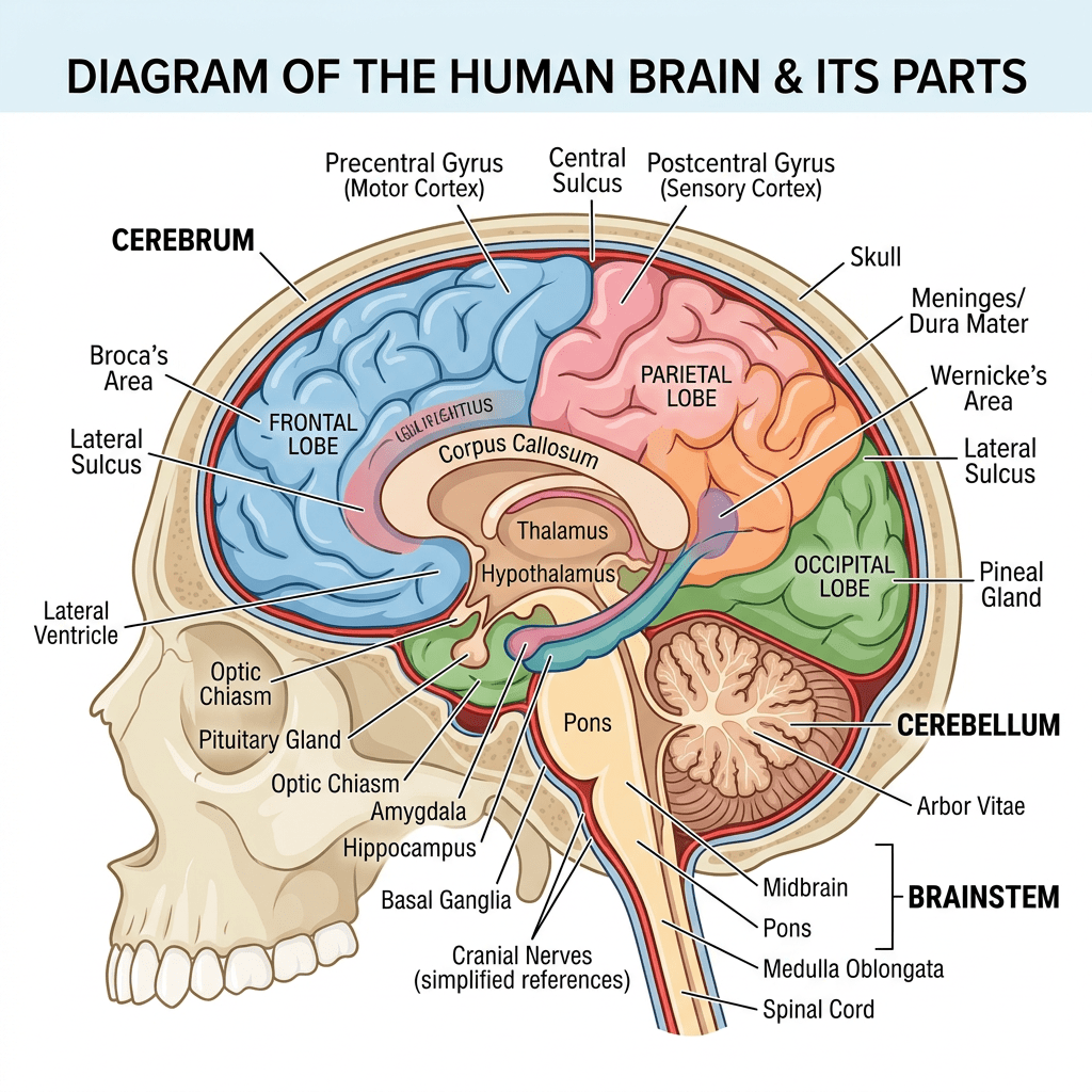 Diagram of human brain showing cerebrum, cerebellum, brainstem and labeled parts