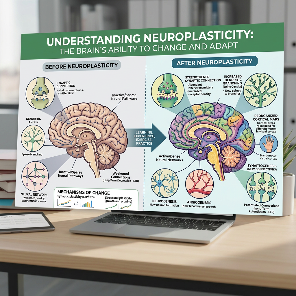 Brain neuroplasticity before and after changes Diagram comparing brain's neural connections before and after neuroplasticity with explanations